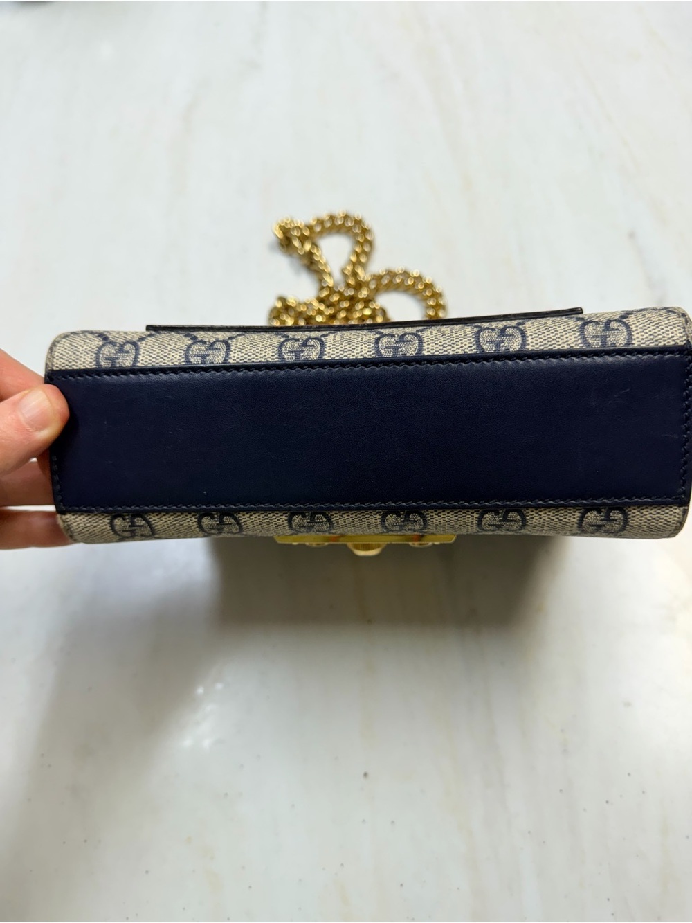 Gucci Blue Leather & GG Canvas Padlock Chain Shoulder Bag - Picture 4 of 12